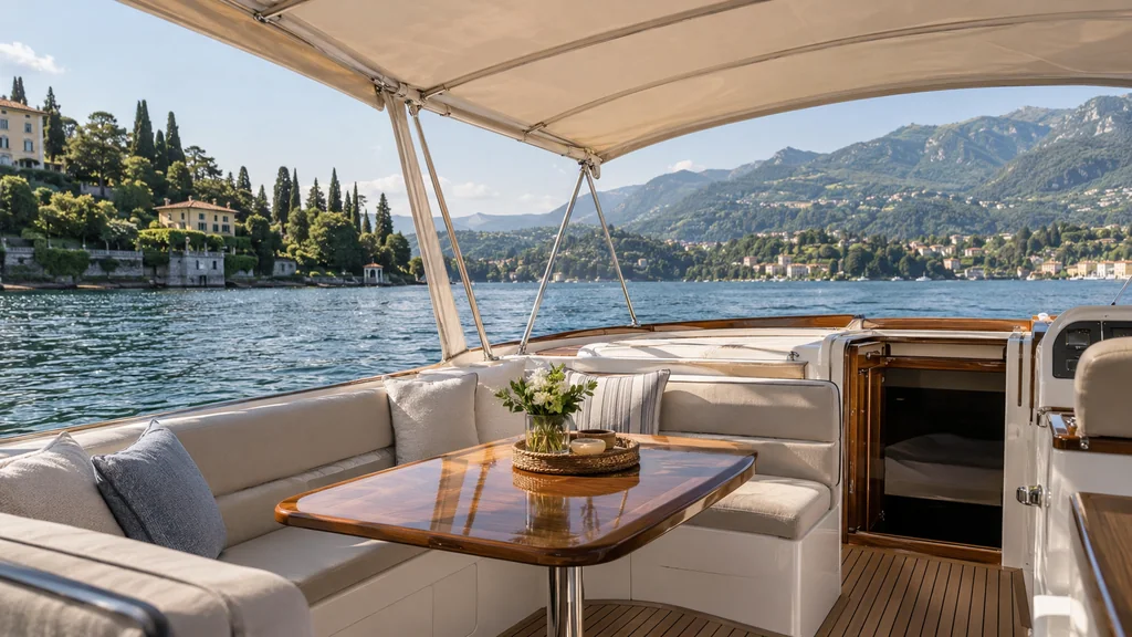 Covered cockpit of a refined small lake motor yacht