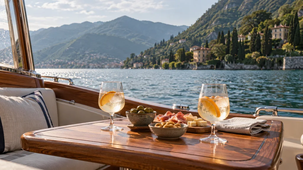 Simple aperitivo on a small wooden lake-yacht table