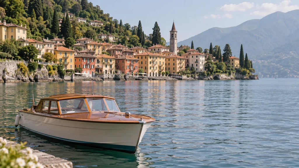 Varenna lakeside houses at a sensible distance across pale Lake Como water