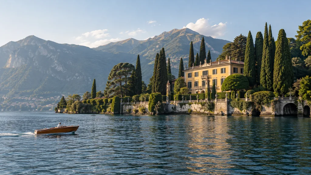 Historic Lake Como villa and cypress-lined garden seen from offshore